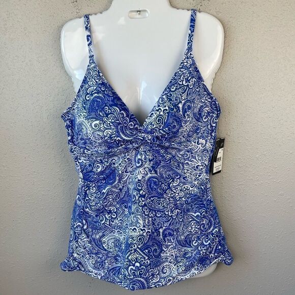 NWT Lauren Ralph Lauren Blue and White Paisley Tankini Top Size 16 - Picture 1 of 6